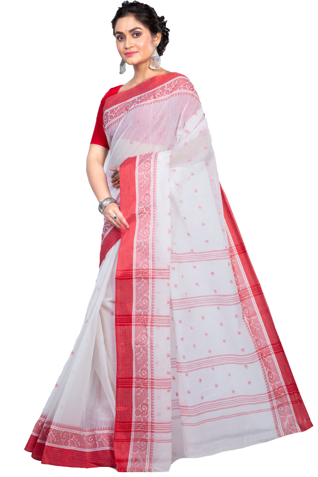 White Pure Cotton Sorbori Tant Saree (859)